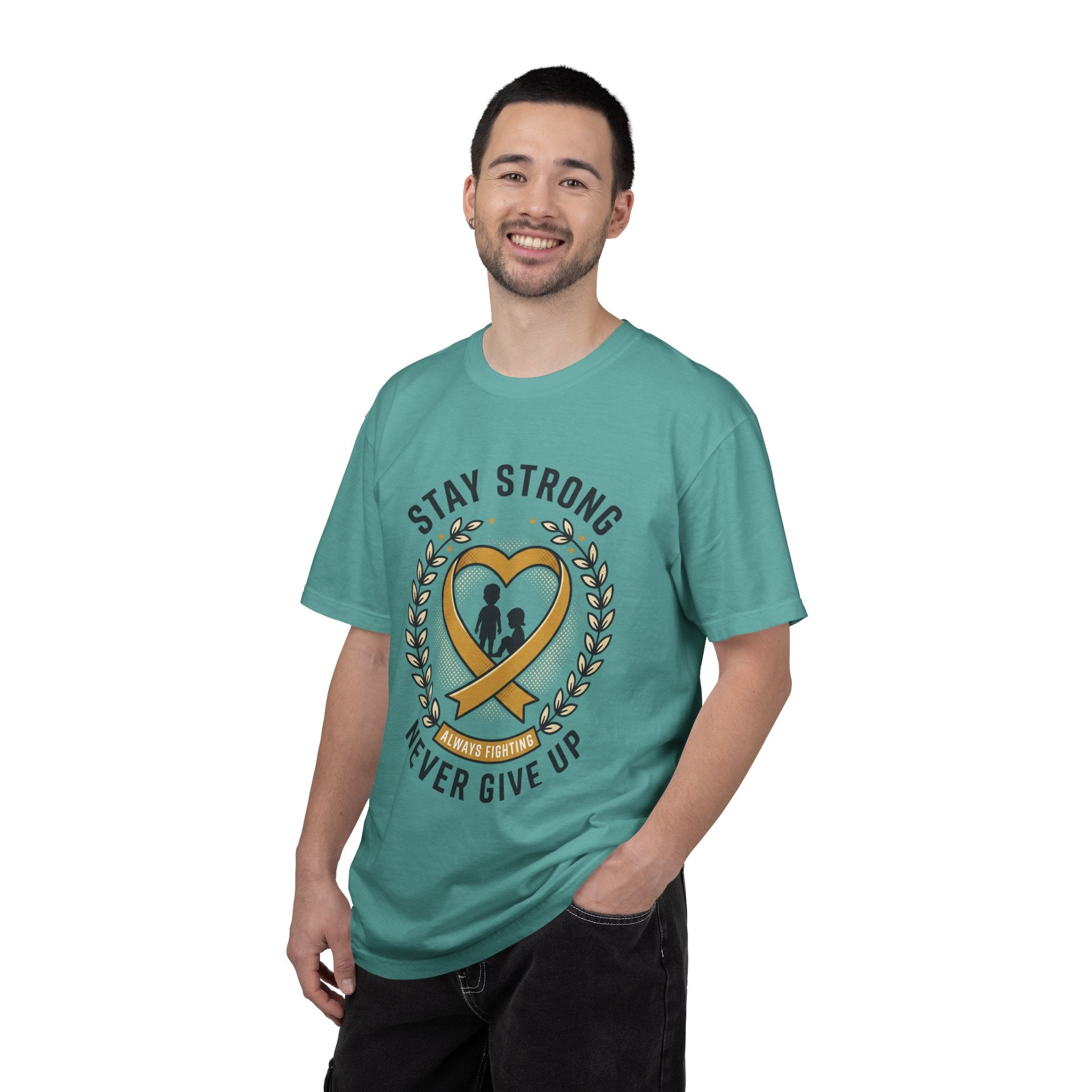 Stay Strong Never Give Up T-Shirt — Childhood Cancer Awareness Ribbon Tee