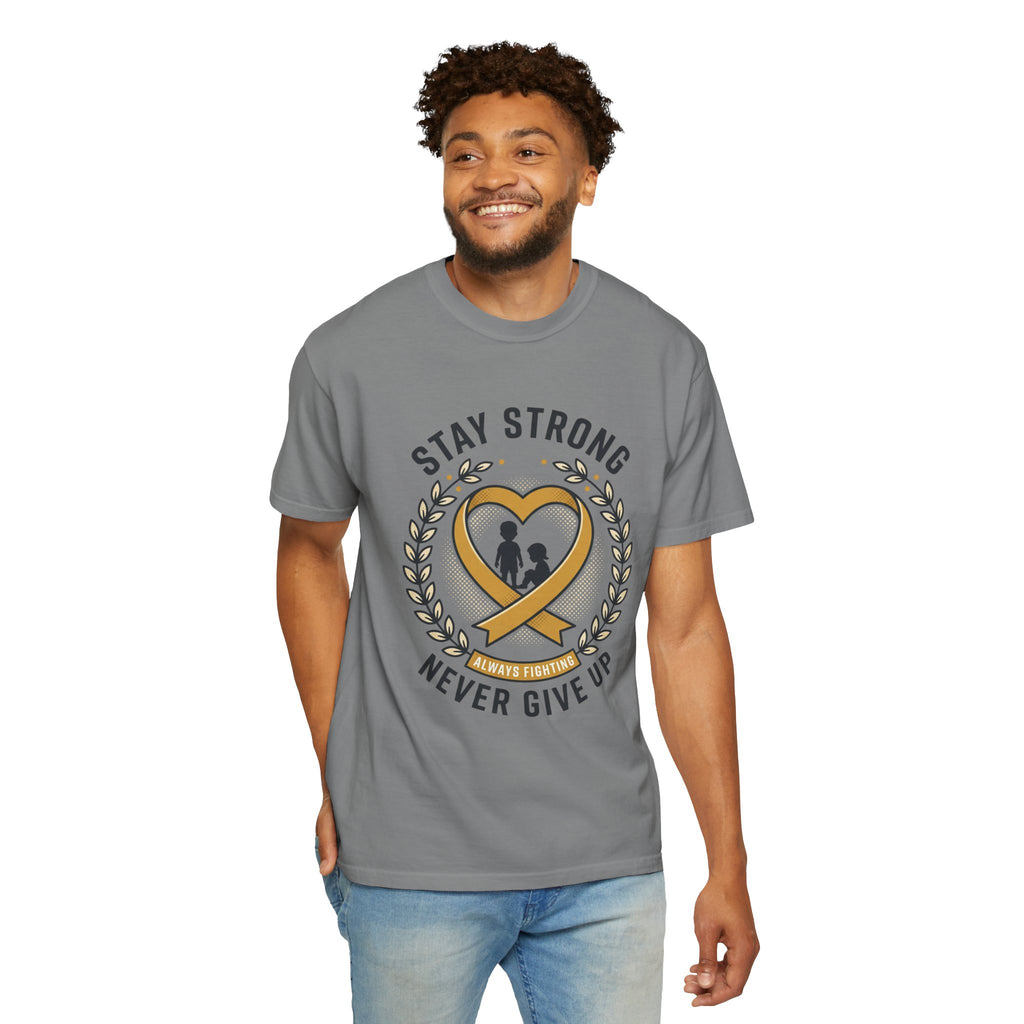 Stay Strong Never Give Up T-Shirt — Childhood Cancer Awareness Ribbon Tee