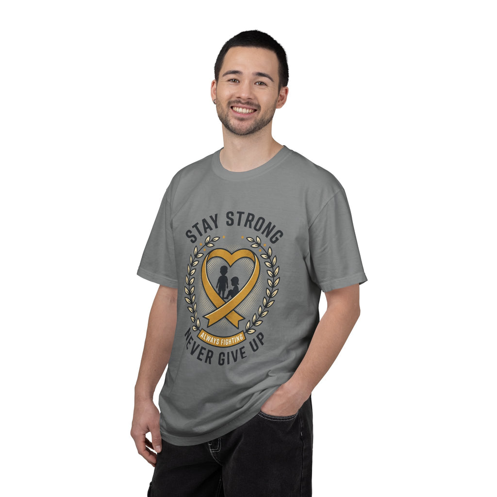Stay Strong Never Give Up T-Shirt — Childhood Cancer Awareness Ribbon Tee