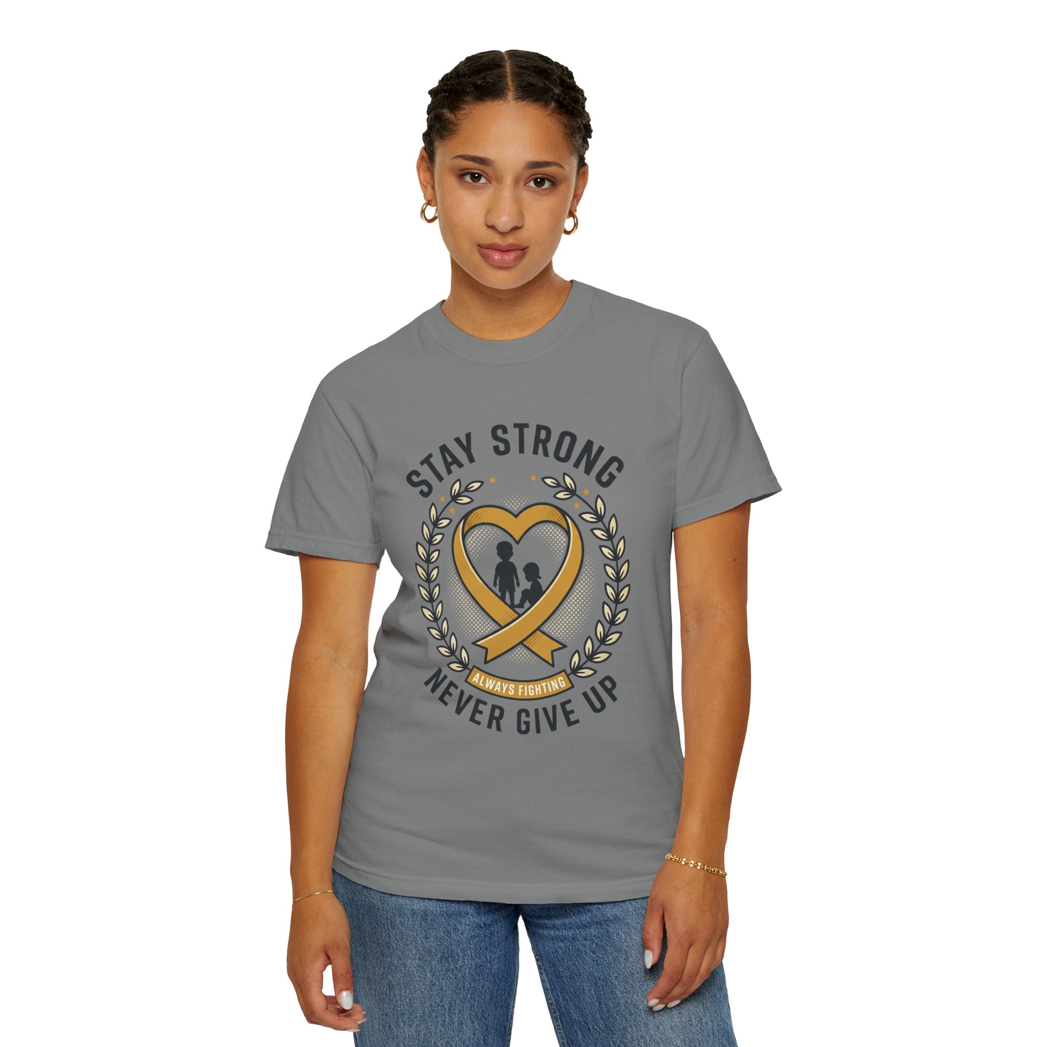 Stay Strong Never Give Up T-Shirt — Childhood Cancer Awareness Ribbon Tee
