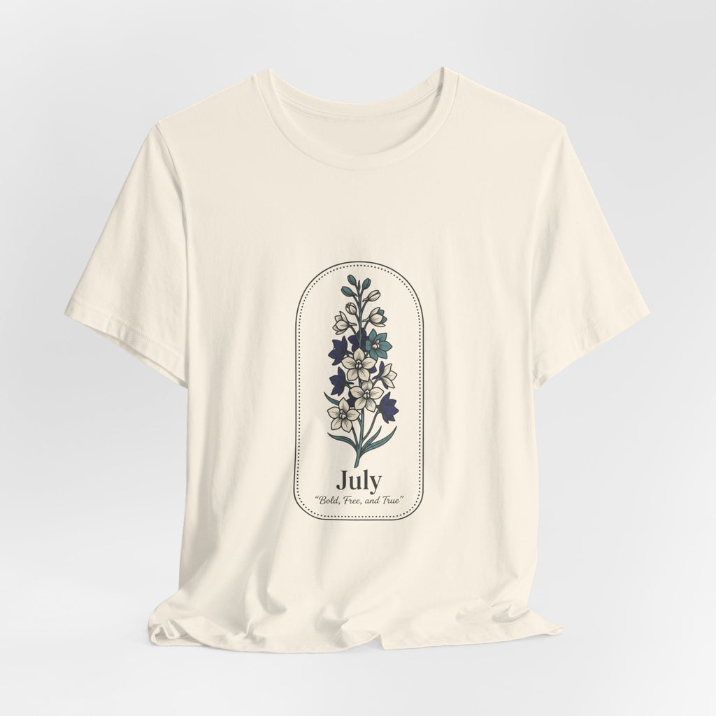 July Birth Flower Tee | botanical line art, personalized name option