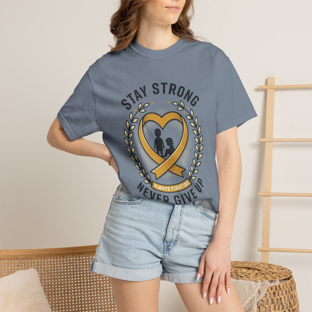 Stay Strong Never Give Up T-Shirt — Childhood Cancer Awareness Ribbon Tee