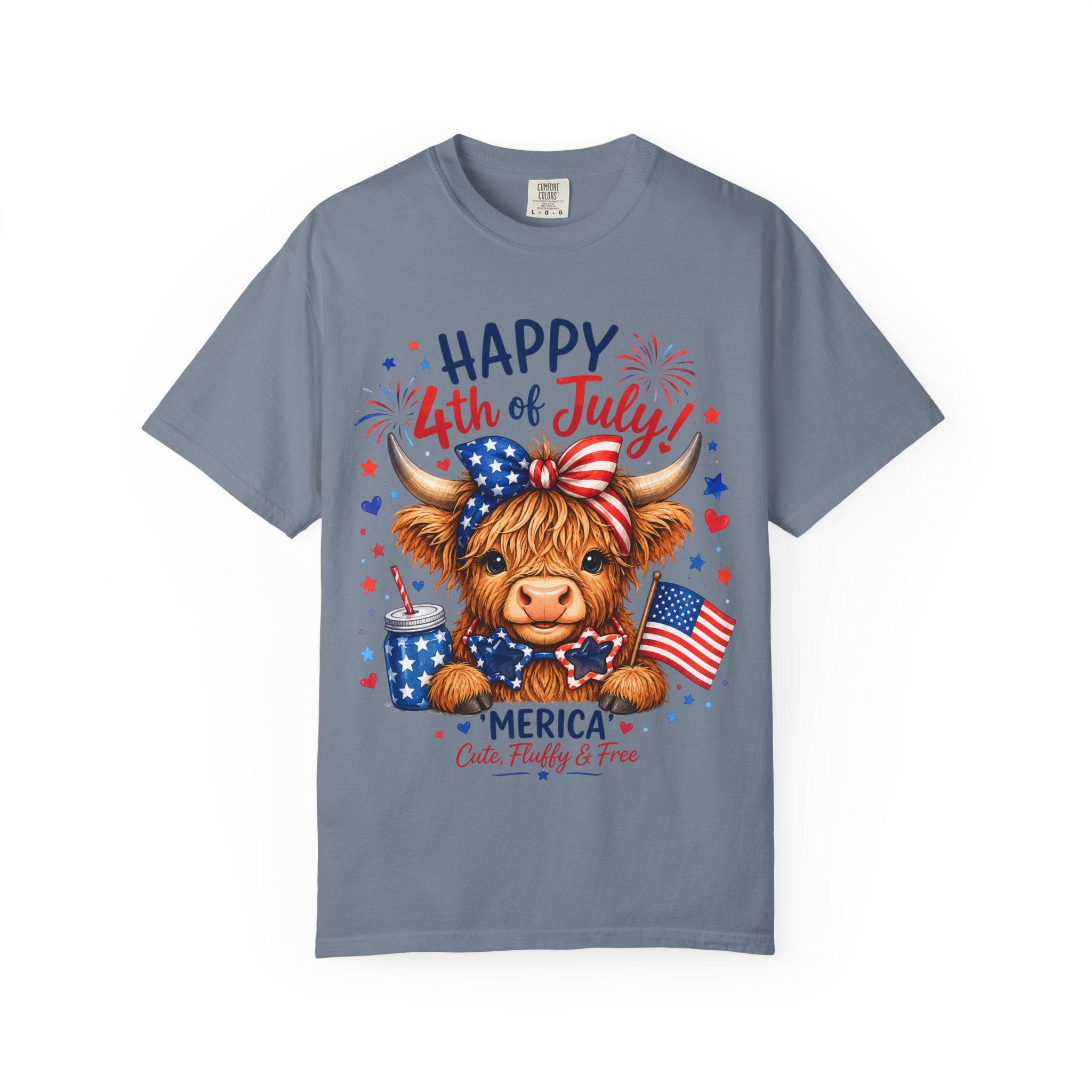 4th of July Cute Highland Cow T-Shirt — Fun Patriotic Farm Design