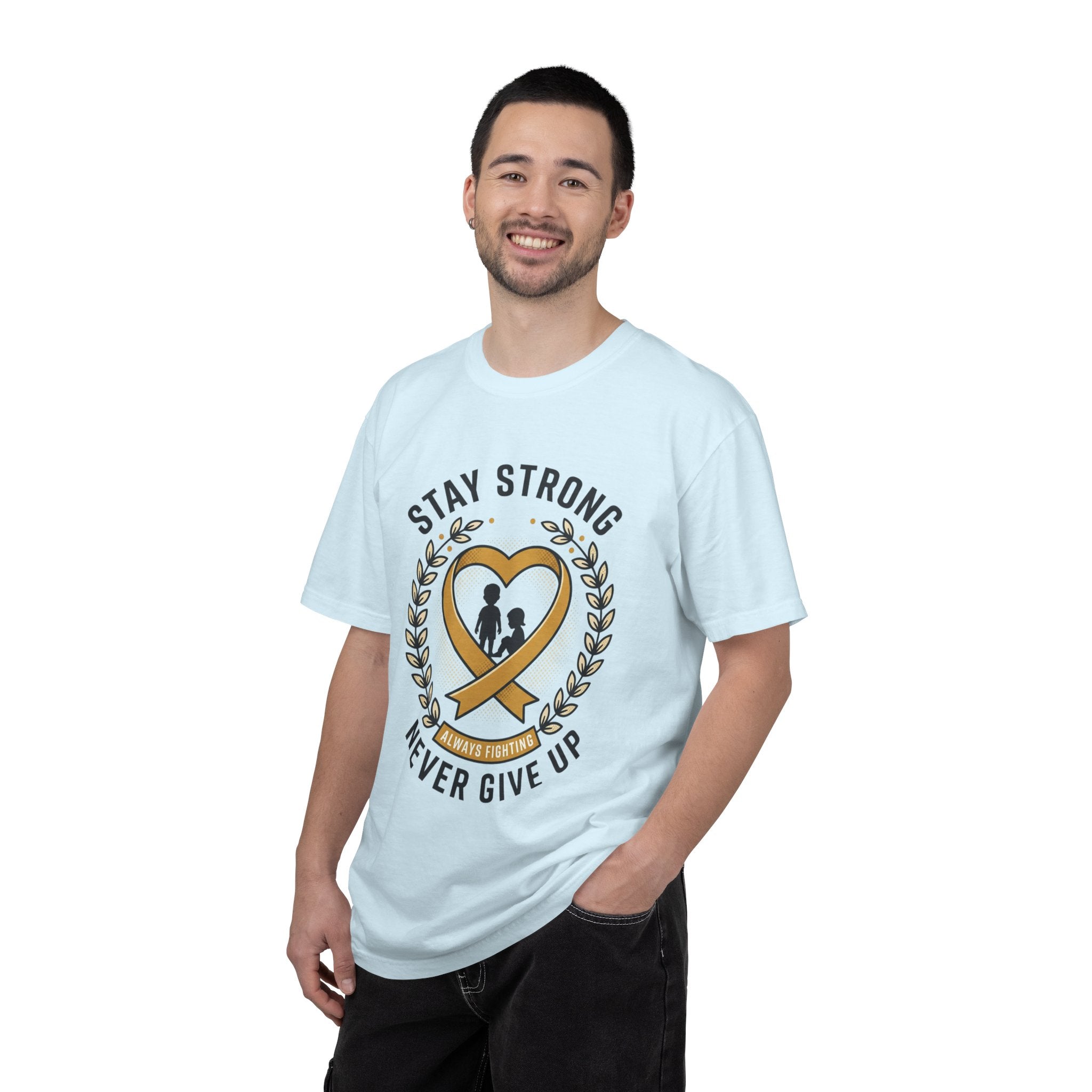 Stay Strong Never Give Up T-Shirt — Childhood Cancer Awareness Ribbon Tee
