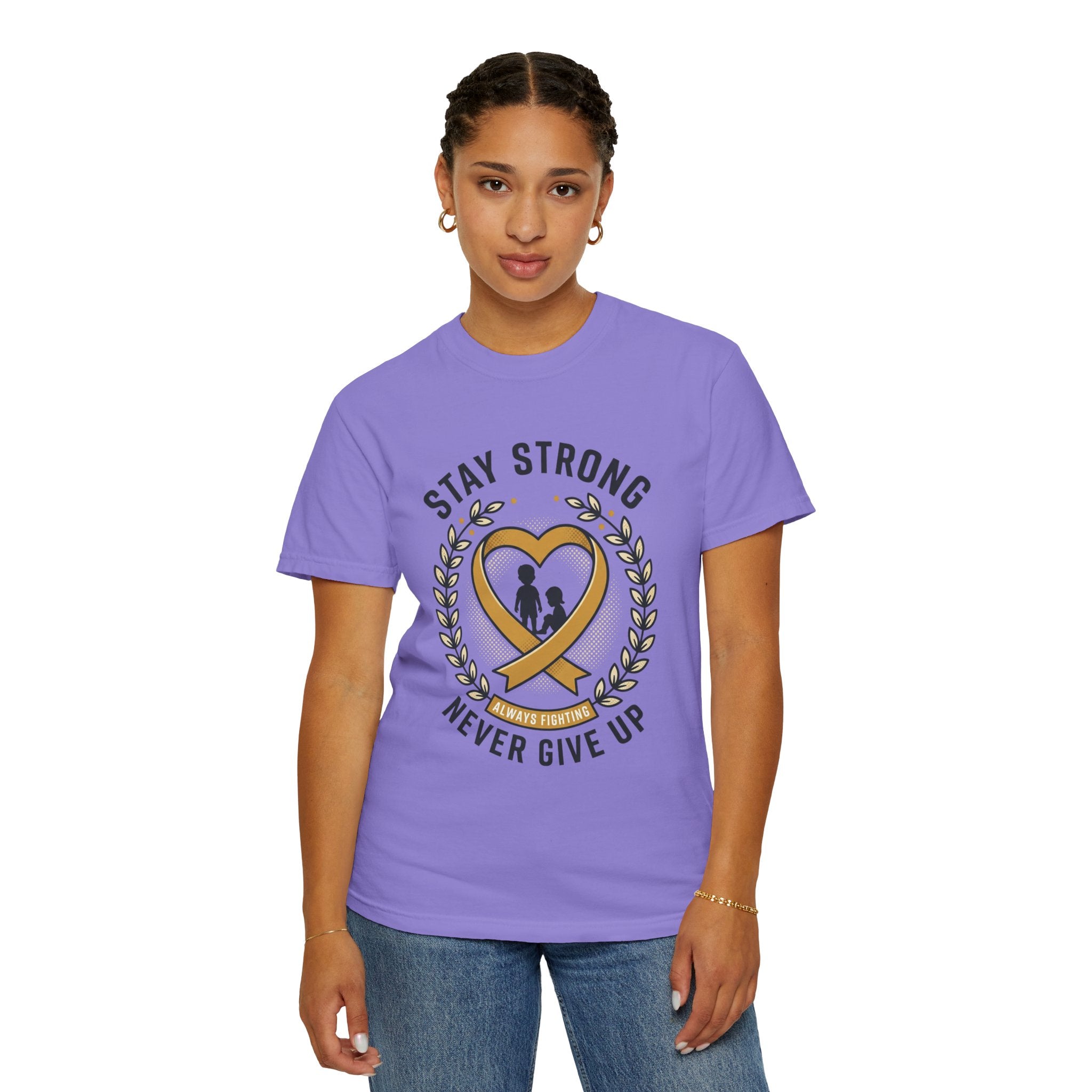 Stay Strong Never Give Up T-Shirt — Childhood Cancer Awareness Ribbon Tee