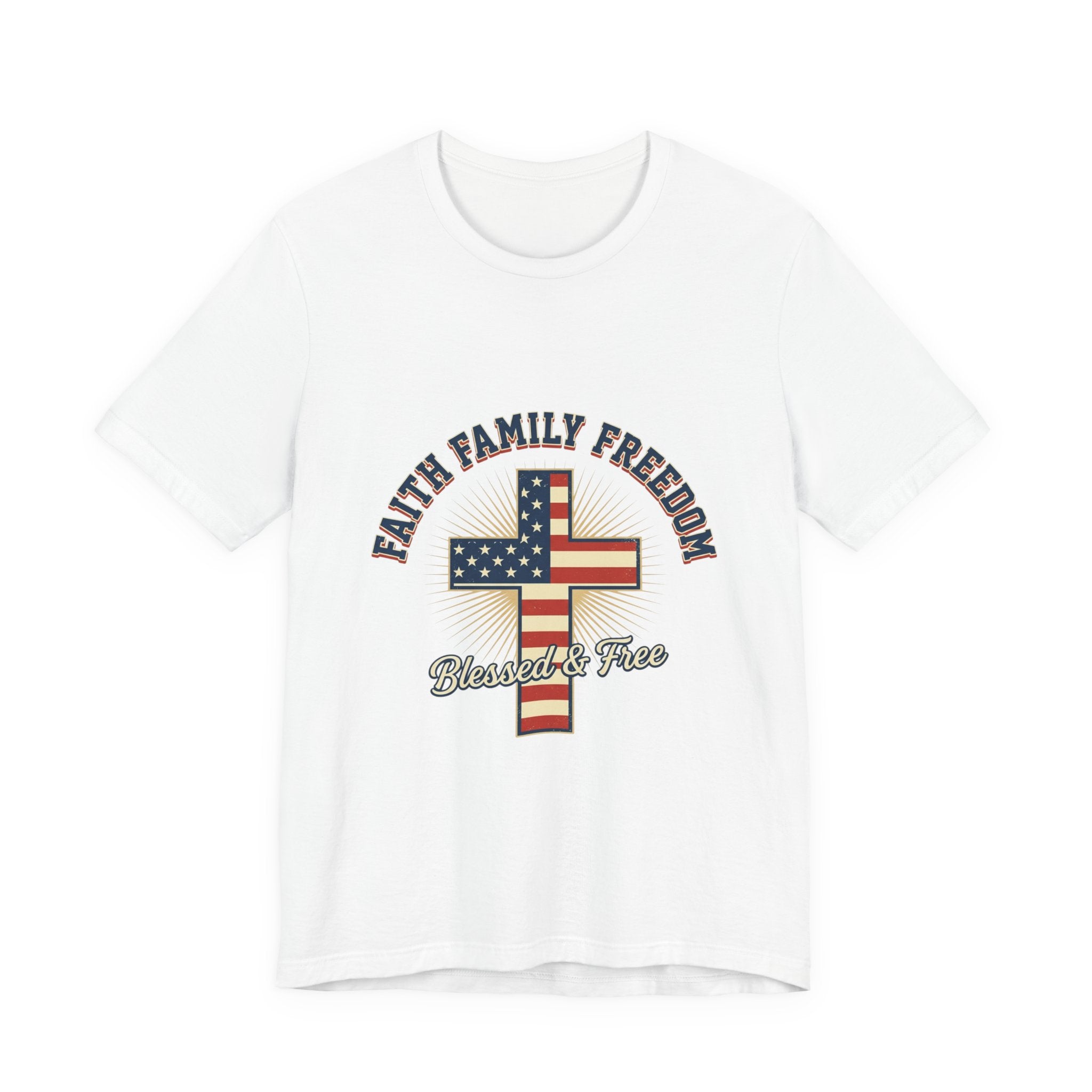 Faith Family Freedom Cross Tee | Patriotic, Faith-Based July 4th Vintage Americana