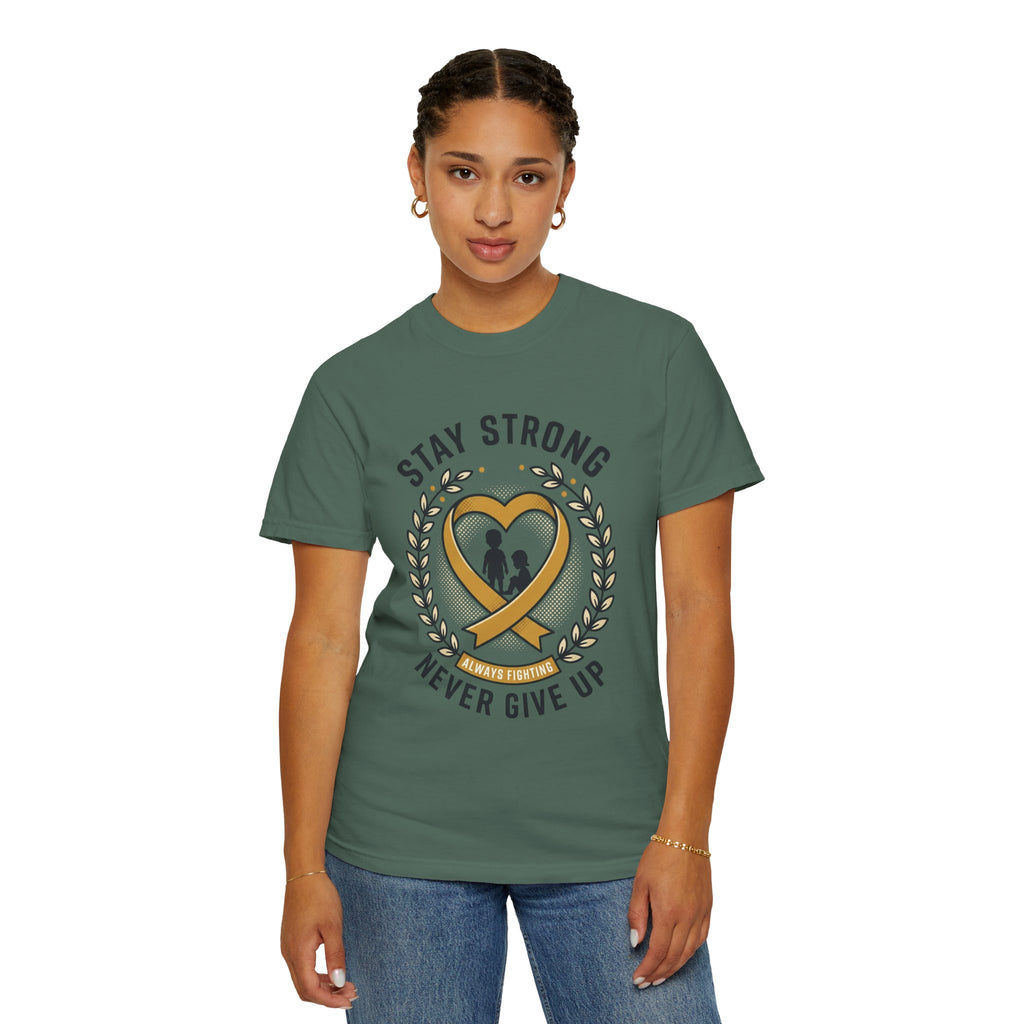 Stay Strong Never Give Up T-Shirt — Childhood Cancer Awareness Ribbon Tee