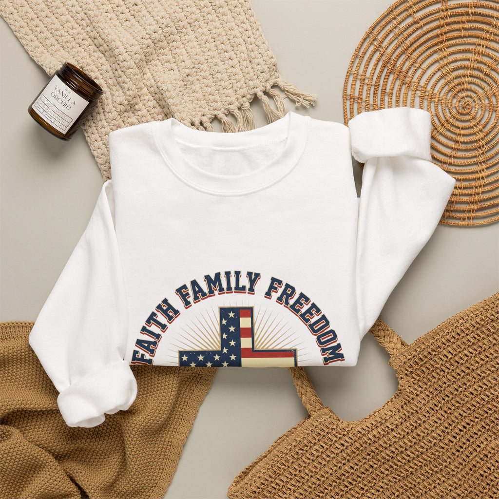 Faith Family Freedom Crewneck Sweatshirt | Faith-based Patriotic, Vintage Americana