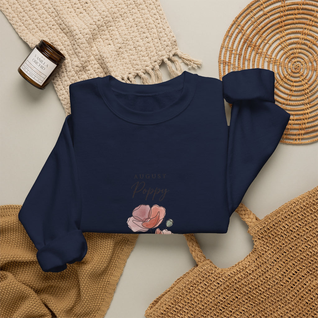 August Poppy Birth Flower Sweatshirt | botanical watercolor, personalized name
