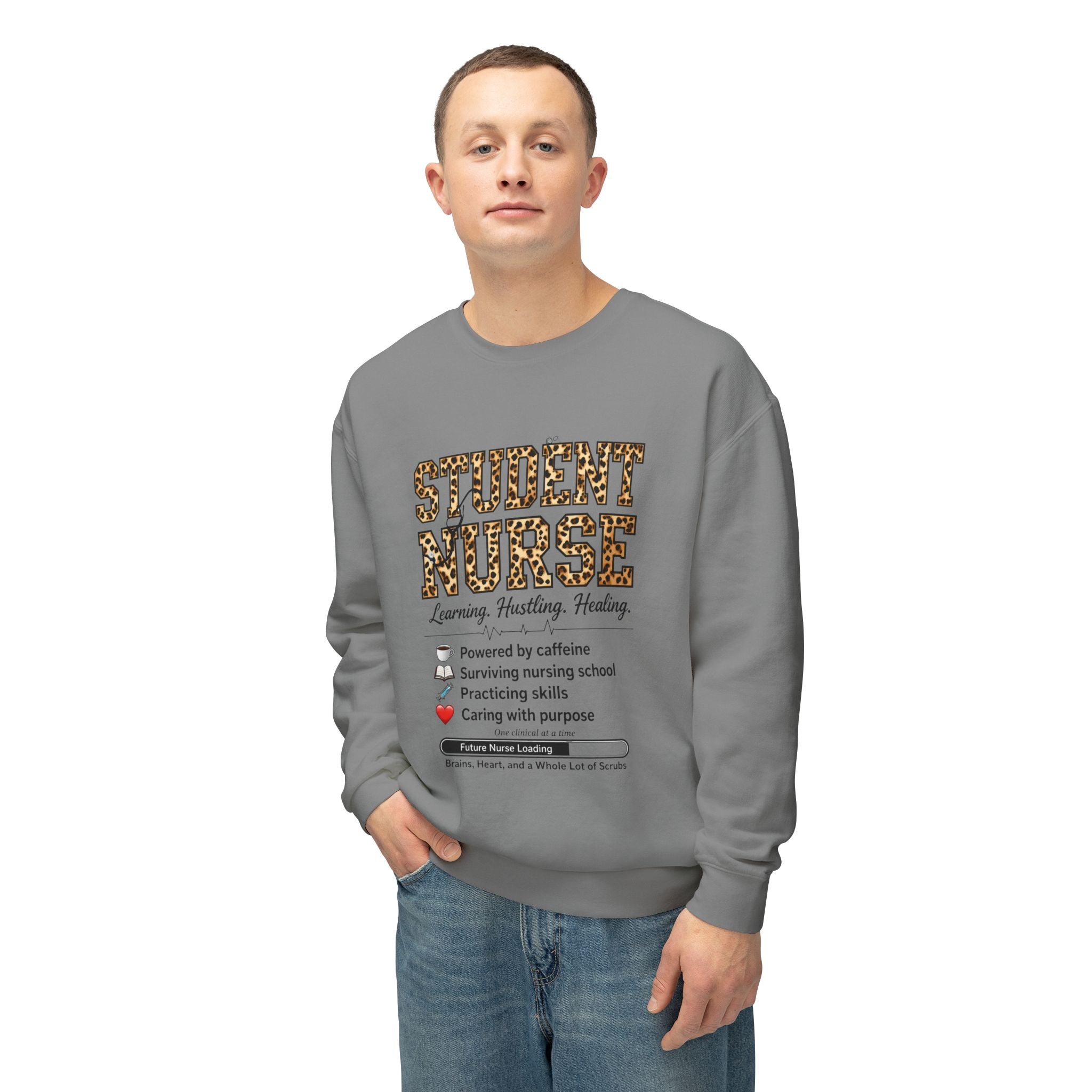Student Nurse Crewneck Sweatshirt — Leopard Text Design, ‘Learning. Hustling. Healing.’