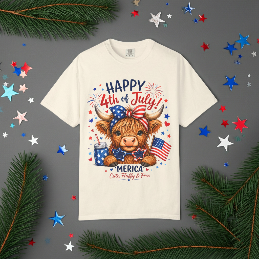 4th of July Cute Highland Cow T-Shirt — Fun Patriotic Farm Design