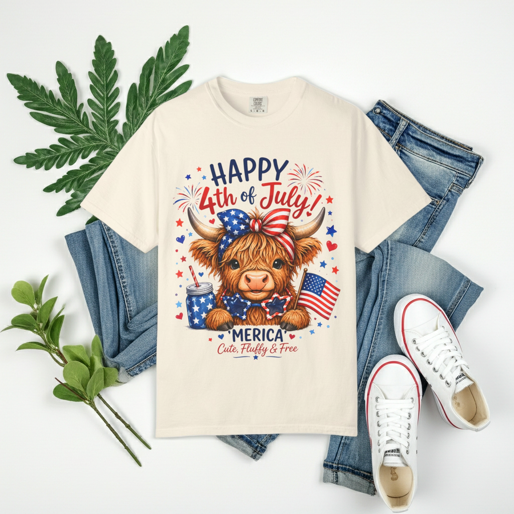4th of July Cute Highland Cow T-Shirt — Fun Patriotic Farm Design